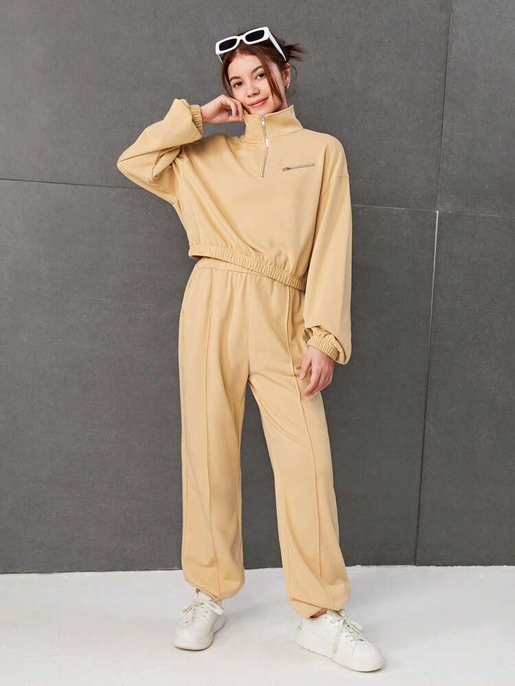 Teenage Girls' Knitted Solid Color Half Zipper Mock Neck Sweatshirt And Jogger Pants Set
