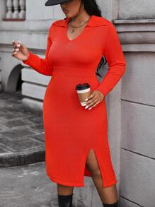 Calvaya Plus Size Women'S Collared Open-Side Split Sweater Dress Fall Cloth For Women - Red - View 5