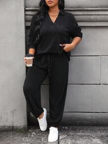 EMERY ROSE Conjunto de 2 piezas de top de manga larga de punto suelto con cuello en V y joggers de ajuste suelto con cintura elástica, tallas grandes - Negro - Ver 3