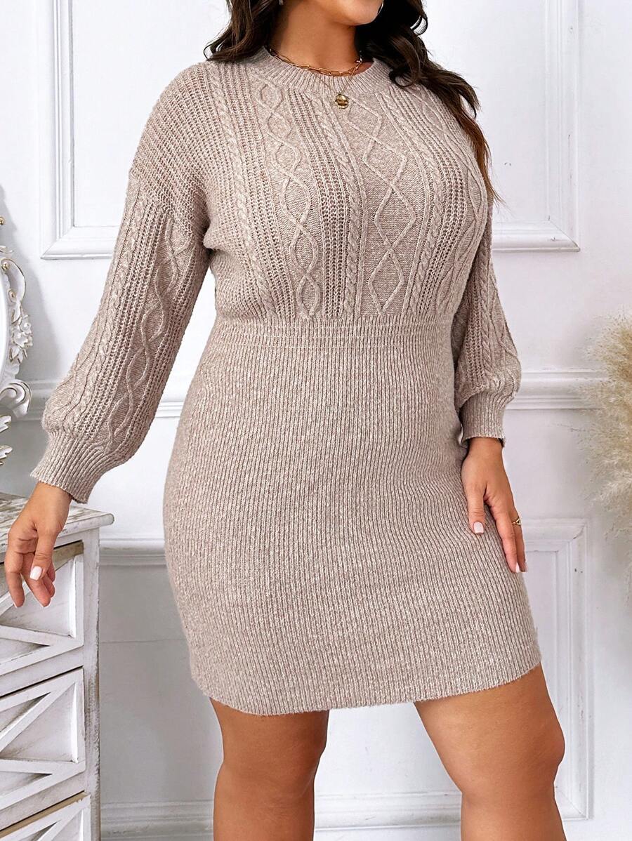 SHEIN Clasi 女裝加大號針織掉肩毛衣裙(不包含腰帶) - 卡其色 - 查看 1