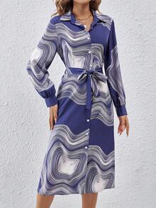 SHEIN Clasi 隨機印花長袖連衣裙 - 藍色 - 查看 6