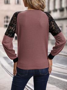 EMERY ROSE Women's Lace Overlay Raglan Sleeve T-Shirt With Shoulder Insertion Graphic Tees Women Tops - Pink - View 2