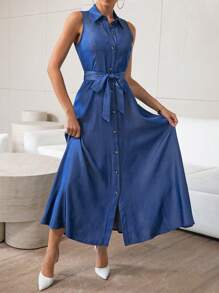 SHEIN Privé 女士腰帶無袖襯衫連衣裙 - 藏蓝色 - 查看 4