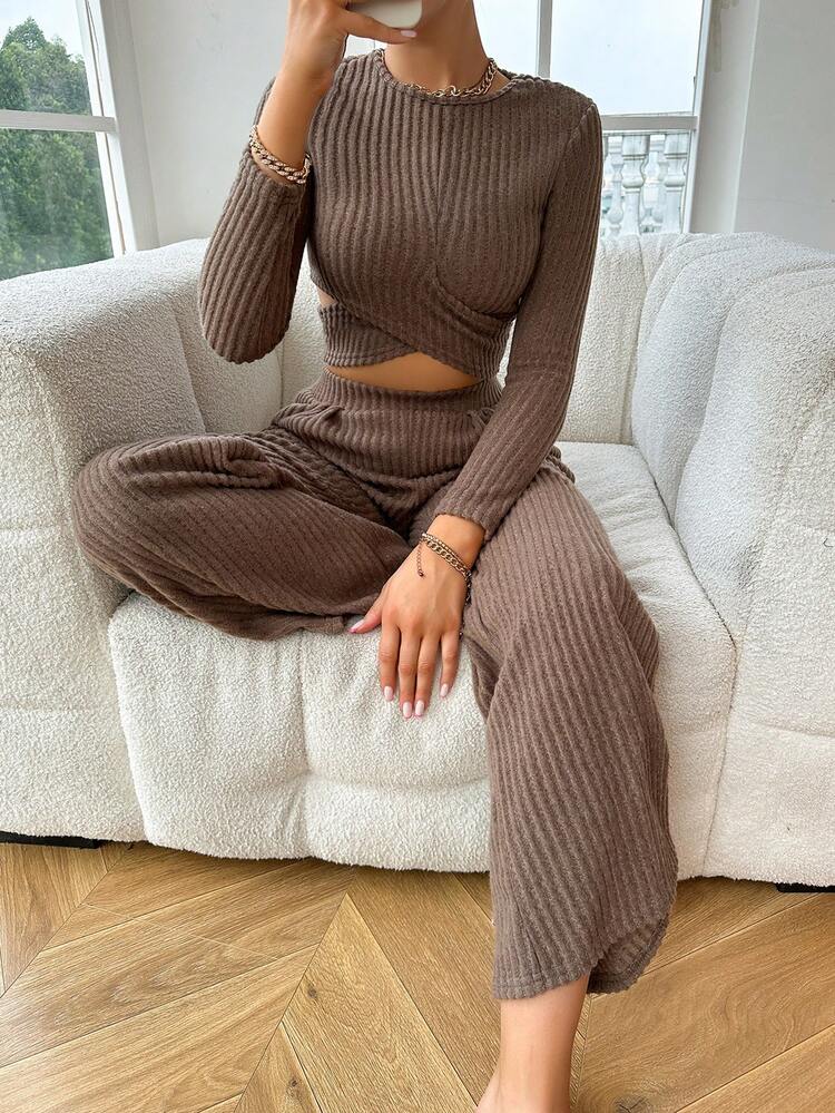 Women's Back Cross Tie Crop Top And Long Pants Set
