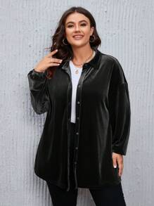 SHEIN LUNE 大码秋季女式圣诞纹理面料迷你格子法兰绒娃娃风格衬衫上衣宽松休闲衬衫上衣带袖衬衫，适合冬季 - 黑色 - 查看 5