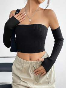 Lunelith SHEIN Lunessa Women's Off Shoulder Cropped Knit Top Fall Cloth For Women