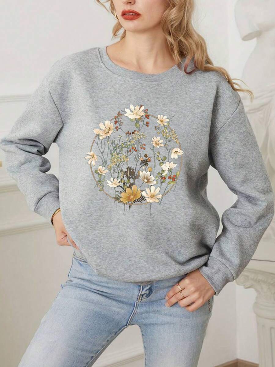 SHEIN LUNE Hình hoa Vòng cổ Tay áo dài Áo nỉ - Xám - Xem 1