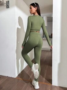 SHEIN Unity Women'S Ribbed T-Shirt And Leggings Set - Dark Green - View 2