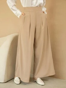 SHEIN BIZwear 女性高腰百摺寬褲 - 卡其色 - 查看 3