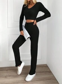 SHEIN Cottnline 女性長袖t恤和束腰運動褲套裝 - 黑色 - 查看 5