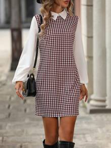 SHEIN Clasi Houndstooth Splicing Lantern Sleeve Dress - Red - View 1