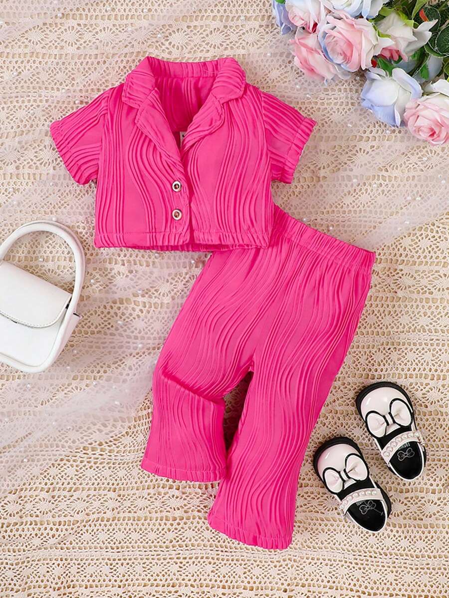 SHEIN Baby Girl Infant Girls' Turn-Down Collar Shirt And Pants Set - Hot Pink - View 1