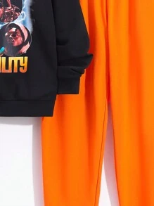 SHEIN Conjunto De Sudadera Con Capucha Impresa Y Pantalones De Punto De Color Sólido De Estilo Casual Callejero Para Niños - Multicolor - Ver 5