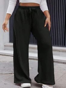 EURMUSE Pantalon droit à couleur unie avec cordon de serrage, grande taille pour femme - Noir - Voir 1