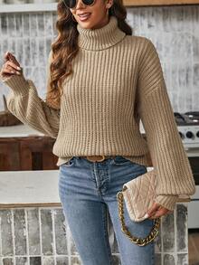 SHEIN Essnce High Neck Drop Shoulder Sweater - Khaki - View 3