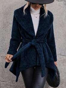 SHEIN LUNE Wrap Collar Coat With Waist Belt Fall Cloth For Women - Navy Blue - View 6