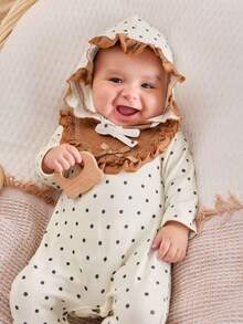 Baby Girl Heart Print Ruffle Trim Sleep Jumpsuit With Hat - Apricot - View 5