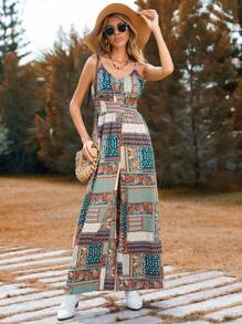 SHEIN VCAY 拼接印花寬腿背心連體褲 - 綠色 - 查看 1