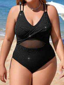 SHEIN Swim Curve 加大碼網紋拼接一件式泳衣 - 黑色 - 查看 6