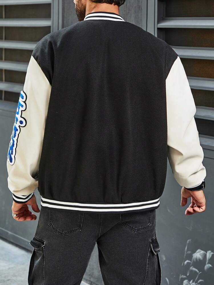 Men Plus Size Baseball Jacket With Letter & Teddy Bear Applique, Grunge, Fall