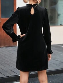 Acelitt Long Sleeve Velvet Dress With Frill Trim - Black - View 2