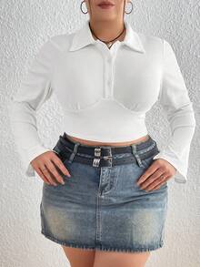 Flirla Plus Size Long Sleeve Turn-down Collar T-shirt - White - View 4
