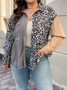 SHEIN LUNE Plus Size Women's Leopard Print Drop Shoulder Shirt - Multicolor - View 1