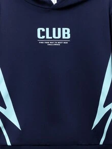 SHEIN Tween Boy Hooded Comfortable Sweatshirt And Sweatpants Set - Navy Blue - View 3