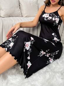 女士花卉印花细肩带睡衣睡裙，完美契合夏季 - 黑色 - 查看 6