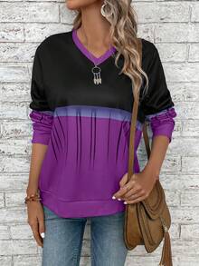 EMERY ROSE 顏色拼接v領運動衫 - 紫色 - 查看 3