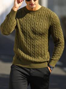 Manfinity Mode Men Solid Cable Knit Sweater Round Neck Long Sleeve Plain Green Vacation Fashion Sweater, Fall/Winter