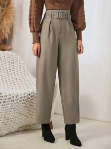 SHEIN Frenchy 女款高腰素面直筒褲 - 灰色 - 查看 3