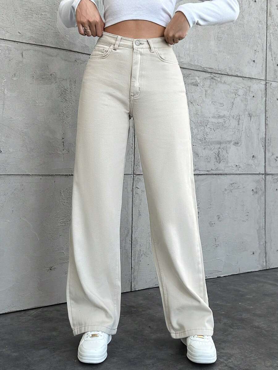 EURMUSE Solid Color Straight Leg Jeans With Slanted Pocket