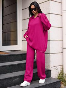 SHEIN Conjunto De Suéter Y Pantalón Para Mujer Con Solapa Y Hombros Caídos - Rosa - Ver 4