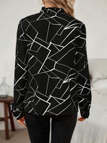 SHEIN LUNE Geometric Printed Shirt With Frill Trimmed Notched Collar - Black and White - View 2