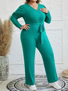 EMERY ROSE Plus Size Solid Color V-neck Long Sleeve Jumpsuit - Green - View 5
