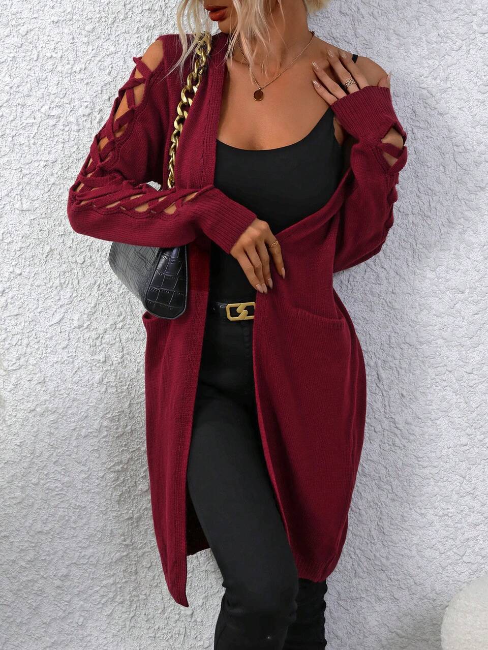 Women's Tie Sleeve Cardigan With Double Breast Pockets Fall Cloth For Women