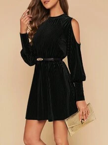 SHEIN Clasi Ladies' Solid Color Cold Shoulder Dress, Belt Not Included - Black - View 3