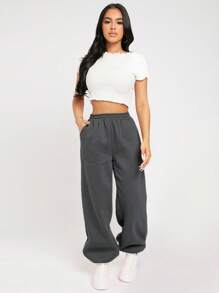 SHEIN PETITE Solid Elastic Waist Sweatpants - Grey - View 4