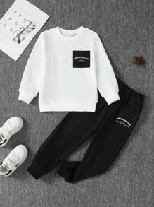 2入組幼童男孩休閒運動風格陽光字母印刷長袖上衣和長褲暖心運動衣,秋冬新品 - 黑色 - 查看 1