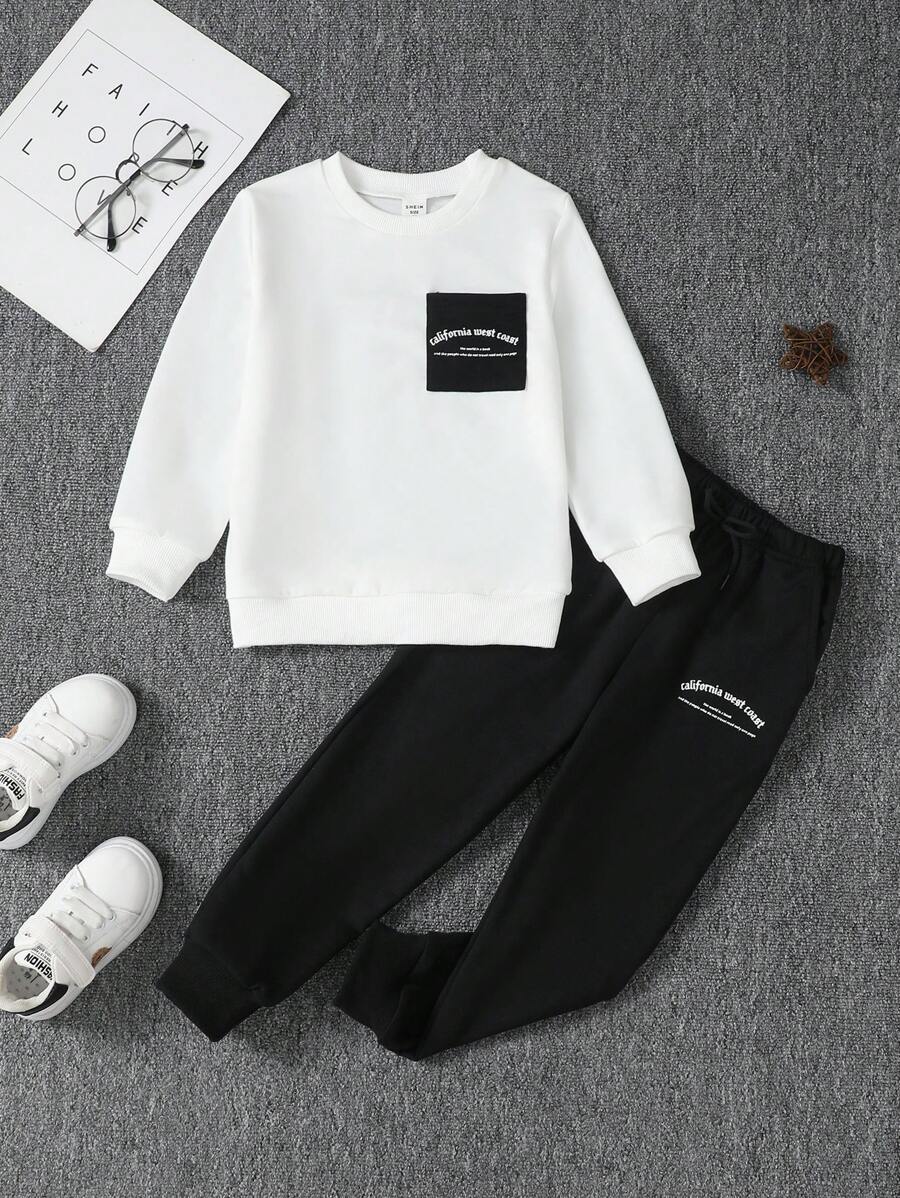 2入組幼童男孩休閒運動風格陽光字母印刷長袖上衣和長褲暖心運動衣,秋冬新品 - 黑色 - 查看 1