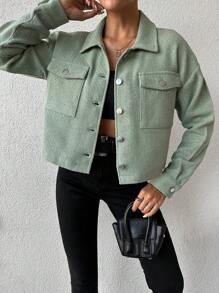 SHEIN Cottnline 女士翻領口袋前開扣夾克 - 綠色 - 查看 3