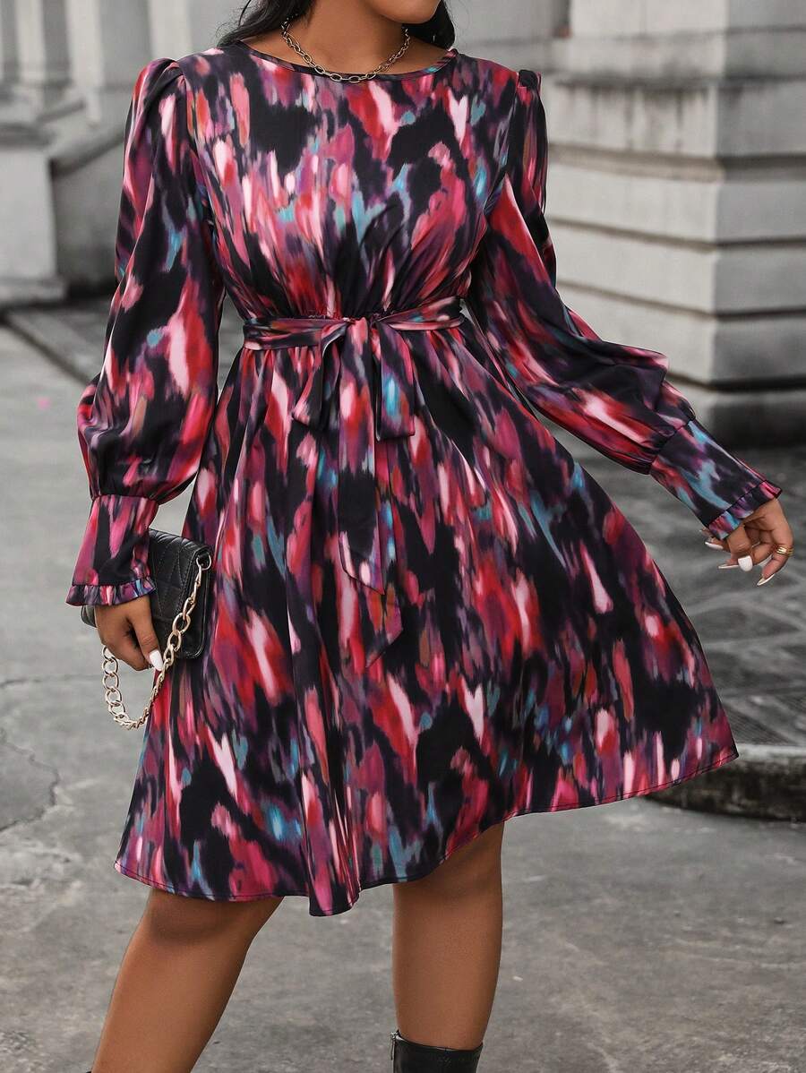 Celure 女款束腰帶燈籠袖印花洋裝 - 彩色 - 查看 1