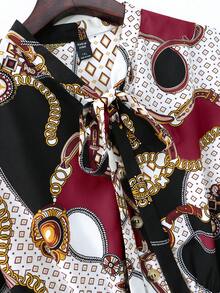 SHEIN Clasi Plus-size Chain & Geometric Printed Tie-neck Ruffle Hem Dress - Multicolor - View 3