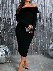 SHEIN LUNE Plus Size Solid Color Off Shoulder Dress - Black - View 5