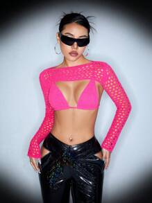 SHEIN ICON Women's Hollow Out Knitted Ultra Short Sweater - Hot Pink - View 7