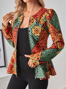SHEIN Clasi Printed Regular Fit Zipper Closure Jacket With Drawstring Waist - Multicolor - View 4