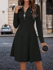 SHEIN Clasi Một nửa thân trước Dây kéo Đầm - màu đen - Xem 3