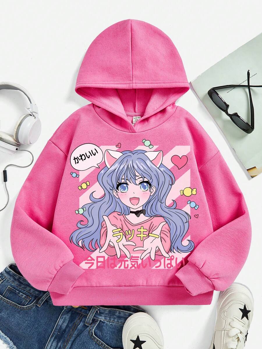 SHEIN Leap Crew Tween Girl Cartoon Graphic Drop Shoulder Sweatshirt - Hot Pink - View 1