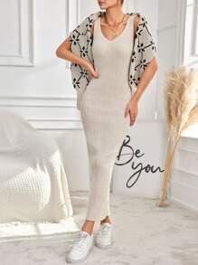 EURMUSE Women'S Stand Collar Drop Shoulder Knit Sweater Two Pieces Set - Apricot - View 3